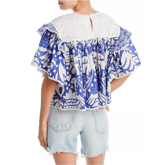 Farm Rio Jungle Scarf Ruffle Lace Blouse Womens Large Blue White Flutter Sleeve - Picture 6 of 11